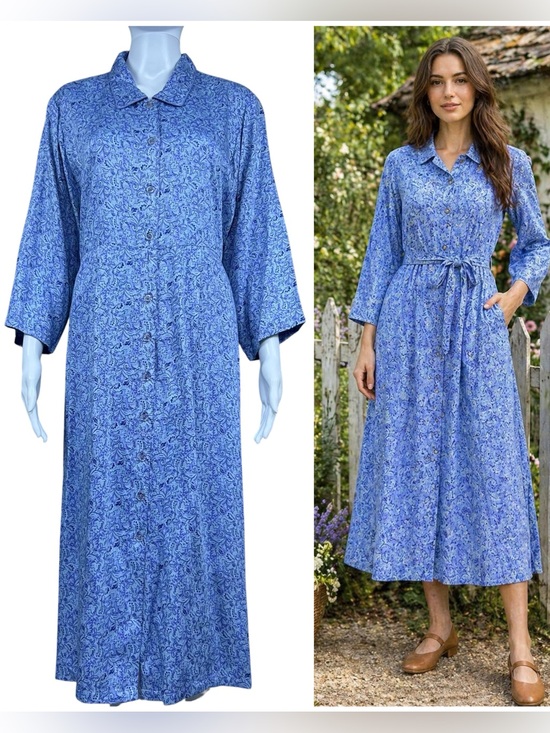 April Cornell Dresses & Skirts - April Cornell Floral Maxi Shirt Dress Size L Rayon Blue Boho Cottagecore Country